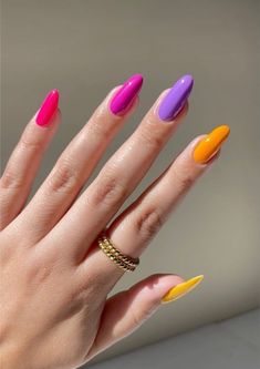 Bold Nails Colors, Bright Oval Nails, Colorful Nail Art Designs, Simple Colorful Nails, Multi Colored French Tip Nails, Mixed Color Nails, Subtle Pride Nails, August Makeup, Colorful Acrylic Nails