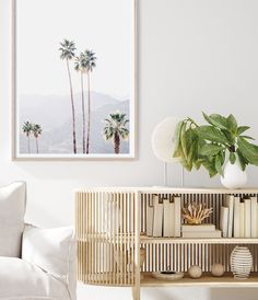 a living room with a white couch and bookshelf filled with books on top of it