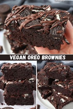 the chocolate oreo brownies are stacked on top of each other and ready to be eaten