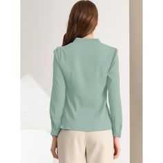 This shirt is elegant and charming for workwear or a day-to-night look, with a cut-out v-neck and unique shoulder details. No-see-through chiffon fabric and stylish v-neck make it a perfect choice for work, office, and daily wear. Pair this work office shirt with a pencil skirt, work pants, or casual jeans. The return of a classic, this button-up shirt is cut from in a chiffon sateen in an always flattering fit-and-flare silhouette. Model Body Size: Height: 5'9", Chest: 33 inches, Waist: 24 inch Elegant V-neck Shirt With Back Button Closure, Chic Solid Color V-neck Shirt, Formal V-neck Solid Color Tops, Workwear Solid Color Blouse With Collar, Workwear Collar Blouse In Solid Color, Collared Blouse For Work In Solid Color, Collared Solid Color Blouse For Formal Occasions, Collared Solid Color Blouse For Formal Wear, Solid Color V-neck Workwear Top