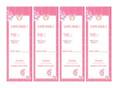 two pink bookmarks with cartoon characters on them and the words love mail written below