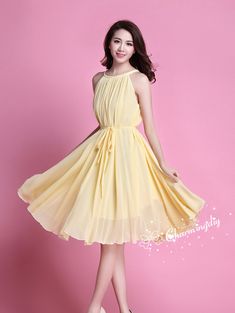 60 Colors Chiffon Light Yellow Knee Skirt Party Dress Evening Summer Bridesmaid Chiffon Dress With Flowy Skirt, Summer Bridesmaid Fitted Chiffon Dress, Summer Wedding Knee-length Chiffon Dress, Summer Chiffon Dress For Prom, Flowy Chiffon Summer Prom Dress, Flowy Chiffon Dress For Summer Prom, Flowy Summer Chiffon Dress For Prom, Summer Chiffon Flowy Dress For Prom, Knee-length Chiffon Dress For Wedding