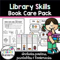 the library skills book care pack includes posters, printables and activities for children