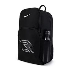 a black backpack with the word e on it and a bottle in front of it