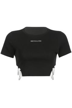 Side Chains Black Crop Top for Women Dark Rave See You Later Edgy Cotton Crop Top For Night Out, Black Edgy Cropped T-shirt For Streetwear, Edgy Black Cotton Crop Top, Edgy Black Cropped T-shirt For Streetwear, Trendy Black Cotton Crop Top, Trendy Black Crop Top For Streetwear, E Girl Style, Rave Aesthetic, E Girl Aesthetic