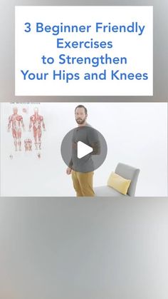 a man standing in front of a white background with the words 3 beginner friendly exercises to strength your hips and knees