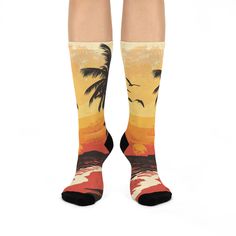 Embrace beach vibes anytime with these cozy sunset beach socks!  Perfect for lounging, adding a splash of color to any outfit, or bringing a coastal touch to your everyday style. Ideal for beach lovers, these socks make a thoughtful gift for ocean enthusiasts or as a fun addition to your vacation wardrobe. Product Features Crew Length: Versatile fit for any occasion Smooth & Stretchy Fabric: Soft comfort for all-day wear Vibrant Beach Colors: Eye-catching design inspired by sunset hues Cushioned Bottoms: Extra comfort with each step Care Instructions Machine wash cold (max 30C or 90F) Avoid tumble drying, ironing, and bleaching Do not dry-clean Add a hint of seaside relaxation to your wardrobe with these colorful beach sunset socks Lover Accessories, Beach Socks, Beach Colors, Sunset Hues, Vacation Wardrobe, Sea Lover, Beach Color, Sunset Beach, Beach Lovers