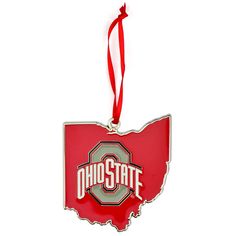 an ornament shaped like the state of ohio on a white background with a red ribbon