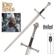 Lord Of The Rings King Elendil Narsil Sword Unite Cultery Licensed Replica For Sale:
Unite the free peoples of Middle-earth and face the forces of darkness with the officially licensed Lord of the Rings Narsil Sword Replica! This awe-inspiring replica captures the legendary blade wielded by King Elendil in the epic struggle against Sauron.


 	Officially Licensed: This replica is officially licensed and faithfully reproduces the iconic Narsil from the Lord of the Rings trilogy, allowing you to own a true piece of cinematic history.
 	Crafted for Display: Featuring a 40 5/8-inch stainless steel blade, a genuine leather-wrapped handle, and stunning 24K gold-plated fittings on the hilt, this replica captures every intricate detail of the original prop.
 	Unmatched Quality: This meticulously c Lord Of The Rings Narsil, Lotr Swords, Movie Replica, The Hobbit Movies, Wooden Wall Plaques, The Lord Of The Rings, Gandalf, Dark Lord, Movie Props