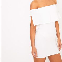 Brand New Prettylittlething Carley White Bardot Frill Bodycon Dress. White Off-shoulder Mini Dress For Date Night, Chic White Mini Bodycon Dress, Elegant White Mini Bodycon Dress, White Short Sleeve Bodycon Dress For Date Night, Plt Dresses, Laser Cut Dress, Ruffle Tiered Dress, Mini Gold Dress, Red Bodycon