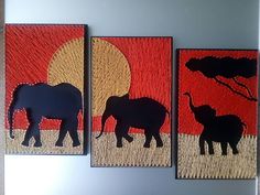 three pieces of artwork depicting elephants in front of a sunset