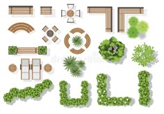 an aerial view of the garden with furniture and plants royalty illustration