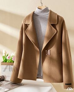 Zlily - Premium Double-Sided Woolen Overcoat with High Collar Brown Wool Coat With Lapel Collar For Spring, Spring Solid Color Wool Coat, Spring Solid Color Long Sleeve Wool Coat, Spring Long Sleeve Solid Color Wool Coat, Coat With Fur Collar, Coat With Fur, Fur Collar, Fur Collars, High Collar