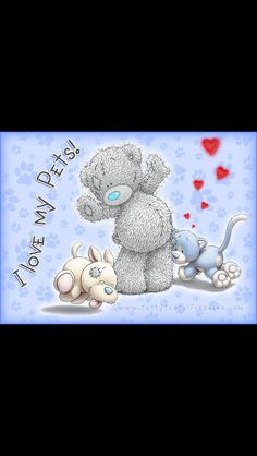 a teddy bear and a mouse on a blue background with paw prints in the shape of hearts