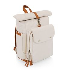 a white backpack with brown straps on the front and side pockets, sitting against a white background