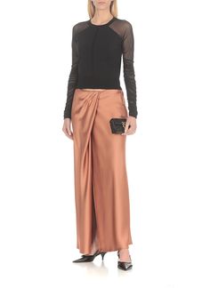 100% Polyester Elegant Evening Skirt For Fall, Chic Asymmetrical Draped Skirt For Evening, Chic Asymmetrical Evening Skirt, Chic Long Skirt For Evening, Evening Midi Skirt For Fall, Sleek Evening Skirt For Spring, Silk Lined Skirt For Fall, Chic Silk Skirt For Fall, Chic Relaxed Evening Draped Skirt