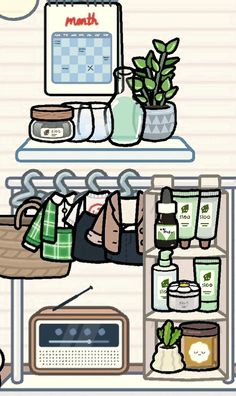 a shelf filled with lots of items next to a computer monitor and potted plant