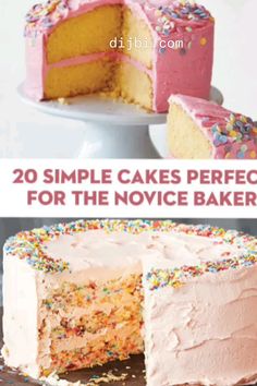 two different types of cake with the words 20 simple cakes perfect for the novice baker