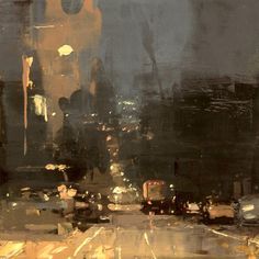 an abstract painting of a city street at night