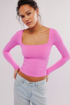 Clean Lines Long Sleeve | Free People Trendy High Stretch Square Neck Top, Pink Long Sleeve Seamless Top, Trendy Pink Crop Top With Square Neck, Fitted Long Sleeve Seamless Crop Top, Pink Fitted Square Neck Crop Top, High Stretch Seamless Square Neck Top, Stretch Square Neck Crop Top, Stretch Crop Top With Square Neck, Pink Square Neck Crop Top