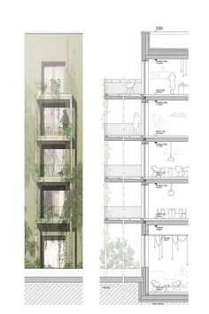 an architectural drawing shows the interior and exterior of a building with multiple balconies