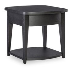 a black end table with an open shelf on the bottom and one drawer at the top