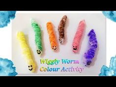 four different colored worms with the words wiggly wormi on it's side