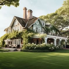 a large house surrounded by lush green grass and trees with white flowers on the front