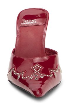 Glossy grommets and studs add a street-chic edge to a pointed-toe mule pump, perfectly poised for any occasion. 3 1/2" heel Leather upper and lining/synthetic sole Imported Cute Nike Shoes, Cute Nikes, Street Chic, Cherry Red, Jeffrey Campbell, Women's Pumps, Mule, Nordstrom Rack, Nike Shoes