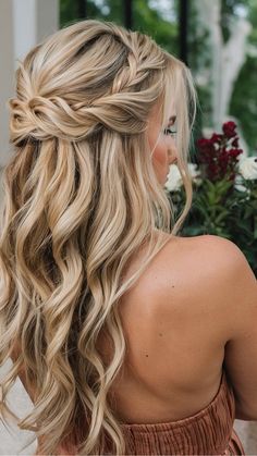 Discover a variety of half up half down prom hairstyles ideas, including braids, short styles, simple looks, front view styles, and more for all hair types and lengths - from medium to long, curly to straight, and even for those with thin or black hair. Whether you have medium hair and seek an easy, elegant style, or rocking short hair and looking for cute options, these hairstyle ideas are sure to inspire your next look. Half Up Half Down Bridesmaid Hair From Front View, Half Up Down Bridesmaid Hair, Half Up Wedding Hairstyles Braid, Half Up Bridesmaid Hair Front View, Bridesmaid Hair Down Braid, Thick Hair Wedding Styles Half Up, Beach Wedding Hairstyles Medium Half Up, Half Do Wedding Hairstyles, Half Up Half Down Wedding Hair Maid Of Honor