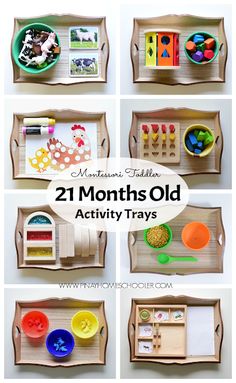 twelve montesson trays with different items on them and the words, 21 months old