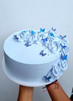 a person holding a cake with white frosting and blue butterflies on it