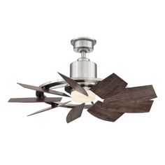 a ceiling fan with wooden blades and a light on top of the bladed blades