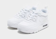 Get your little one stepping out in an icon with these children's Air Max 90 Leather trainers from Nike. In a White colourway, these downsized classics have a leather and synthetic leather upper, with elastic laces, a hook-and-loop strap and a heel pull for easy access. They're sat above a visible Max Air unit in the heel for all-day cushioning, while flex grooves in the rubber Wffle outsole deliver comfy grip. Finished off with tonal Nike Air Max branding and the iconic Swoosh. Nike Air Max 90 Leather, Air Max 90 Leather, Nike Air Max White, White Nike Air, Leather Trainers, White Nike, Elastic Laces, Jd Sports, Nike Air Max 90