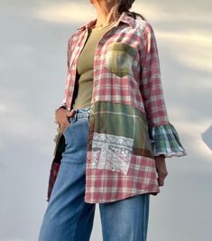 This upcycled flannel duster is a one-of-a-kind creation that seamlessly blends shabby chic and boho grunge aesthetics. Crafted from seven different flannel shirts, it offers a patchwork of vibrant plaids and rich textures, making each piece truly unique. The garment features a stylish slit in the back, ensuring it drapes beautifully on the body without bunching or bowing.  The patchwork star adds a bit of cowboy. The back is adorned with a bold star embellishment, adding a touch of whimsy and e Jean Projects, Boho Flannel, Patchwork Star, Reconstructed Clothing, Grunge Aesthetics