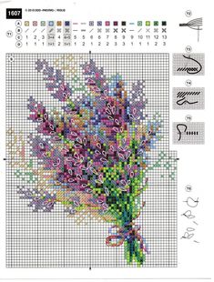 a cross stitch pattern with purple flowers on the front and side, in different colors