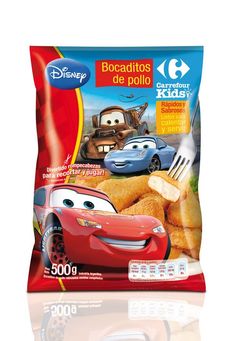 a bag of food with cars on the front and back side, including breaded chicken