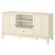 a white entertainment center with two doors and three drawers on one side, an open shelf to the other