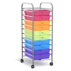 a multicolored plastic bin cart with wheels and six trays on each side