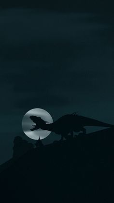 a dinosaur silhouetted against the night sky in front of a full moon