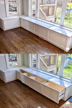 two pictures of the inside of a house with windows and benches in front of them