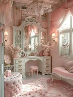 a bedroom with pink furniture and chandelier hanging from the ceiling in front of a window