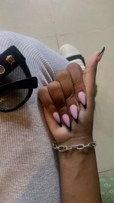 #stilettos #acrylic #nails #frenchtipnails #blackfrenchnails Simple Long Almond Acrylic Nails, Almond Nails Black French Tip, Black Oval Nails, Medium French Tip Acrylic Nails, French Tip Stiletto Nails, Almond French Tips, Black French Nails, Black French Tips