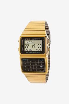 Gold Retro Watch Accessories With Analog Display And Rectangular Dial, Retro Watch Accessories With Rectangular Analog Dial, Retro Watch Accessories With Analog Display, Casio Vintage Watch Men Outfit, Casio Gold Watch, Casio Calculator, Calculator Watch, Casio Vintage Watch, Casio Protrek