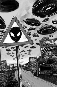 an alien crossing sign in front of a highway with cars and aliens flying above it