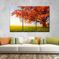 three paintings on the wall of a living room with couches and a large tree