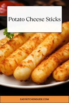 some food on a white plate with the words potato cheese sticks in front of it