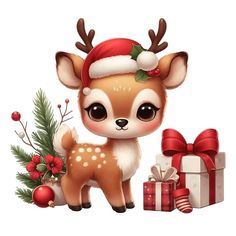 a cute little deer wearing a santa hat