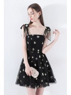 Super Cute Star Black Tulle Short Party Dress With Bow Straps Dress With Bow Straps, Cocktail Dress Short, Backless Formal Dresses, Bow Straps, Black Sundress, Cute Star, Star Black, Graduation Dresses, Semi Formal Dress