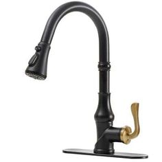 a black faucet with gold handles on a white background and no one in the photo